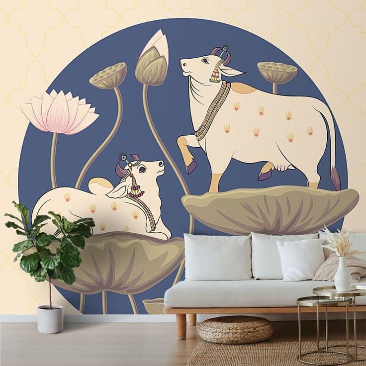 Wall mural of two decorated cows and lotus flowers in a circular field